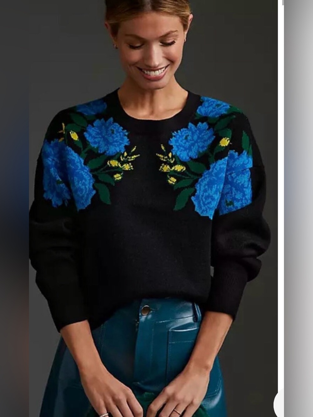 Anthropologie Maeve The Camryn Cropped Crewneck Sweater Black Blue Floral m
